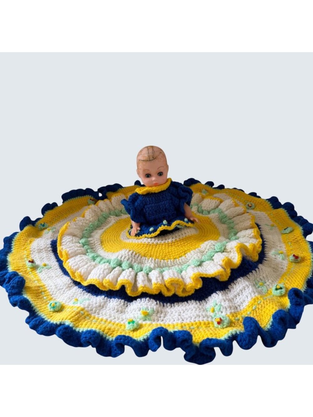 1988 Fibre Craft Bed Doll Vintage Handmade Crochet Dress Sleep Eyes 8 1/2" Doll